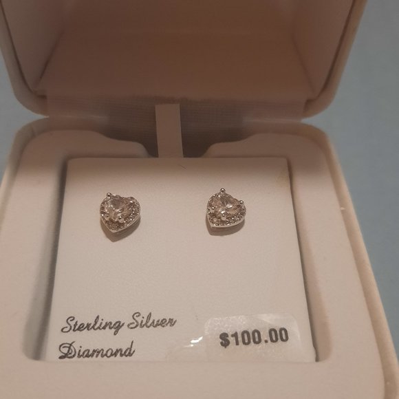 Sterling Silver diamond accent created white sapphire studs - Picture 1 of 3